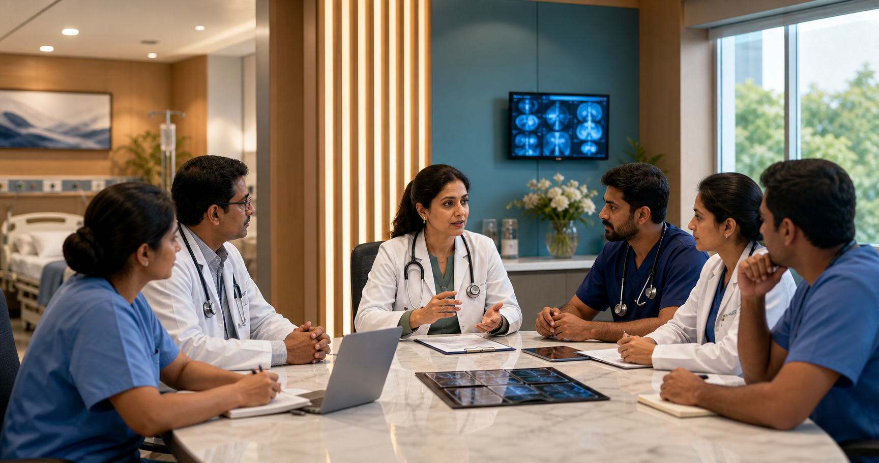 Doctor-led care planning meeting inside the hospital