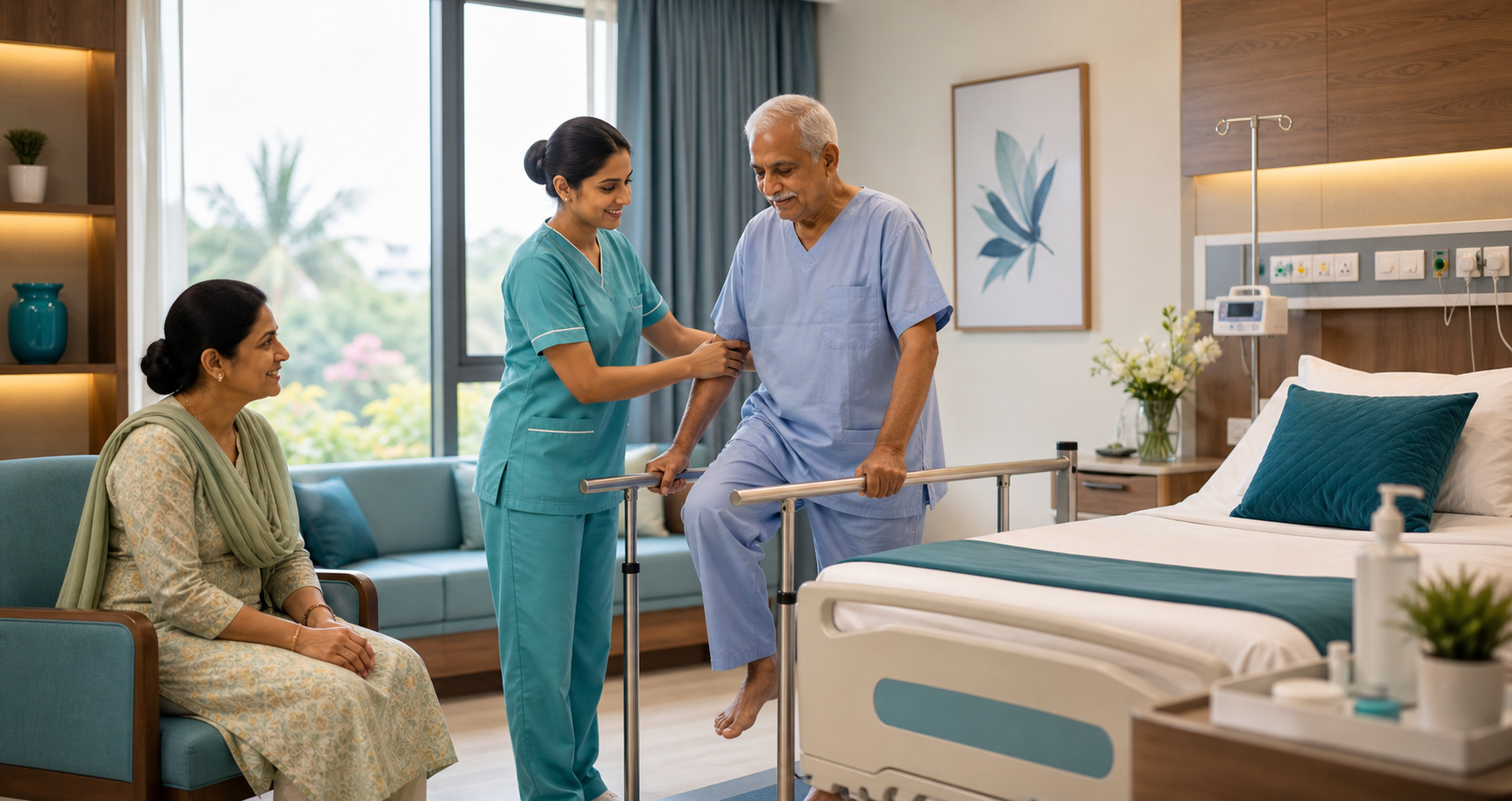 Elderly rehabilitation support in a private hospital room