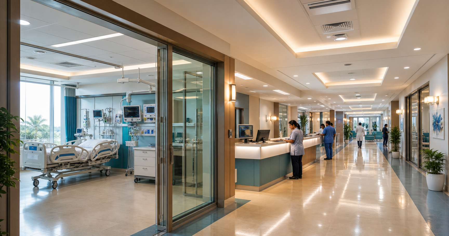 Bright premium hospital interior with monitored care rooms