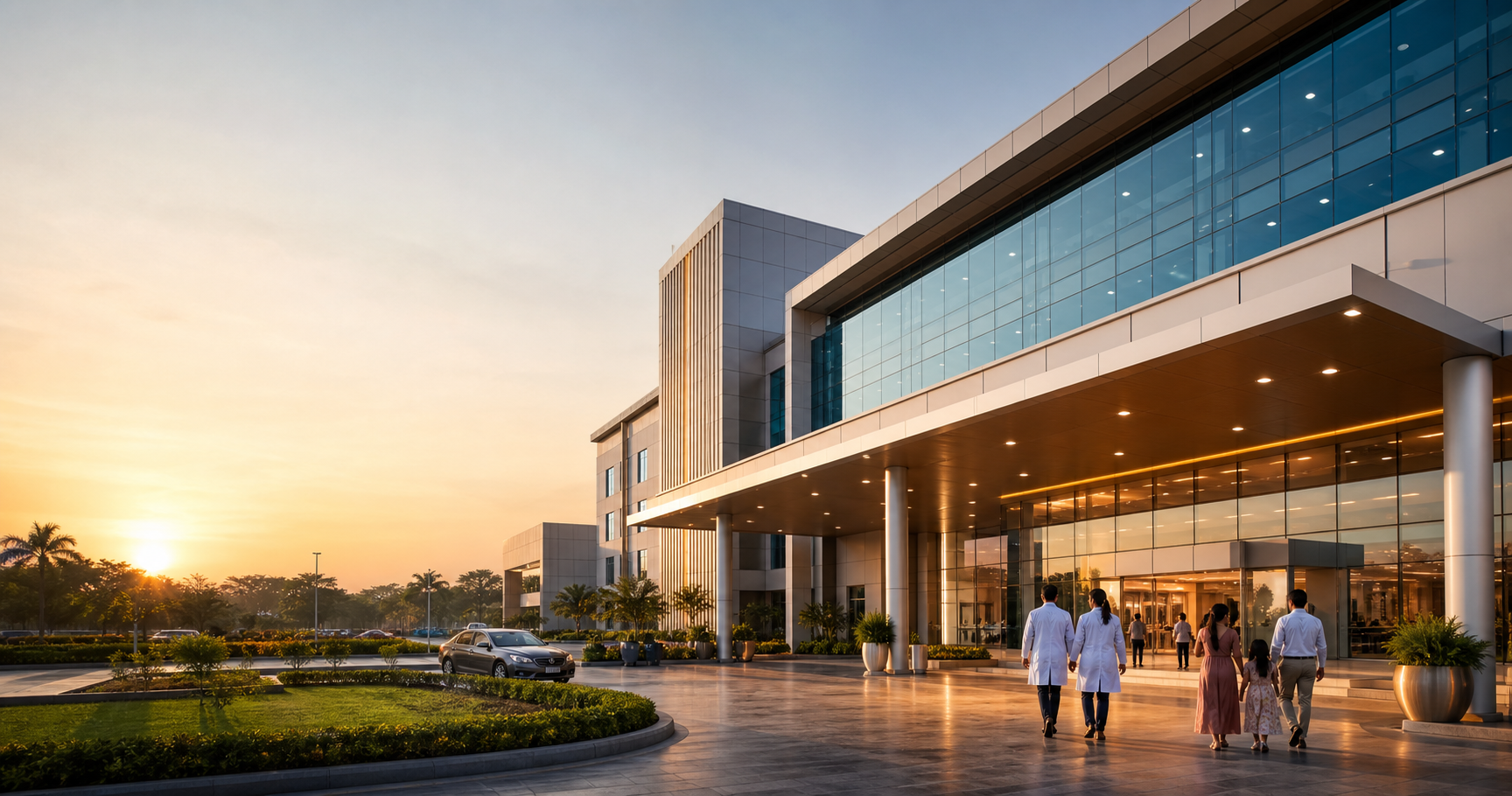 Premium hospital exterior with welcoming entrance and evening light