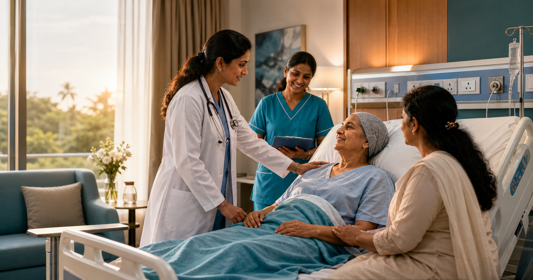 Compassionate palliative care scene with doctor, nurse, and family