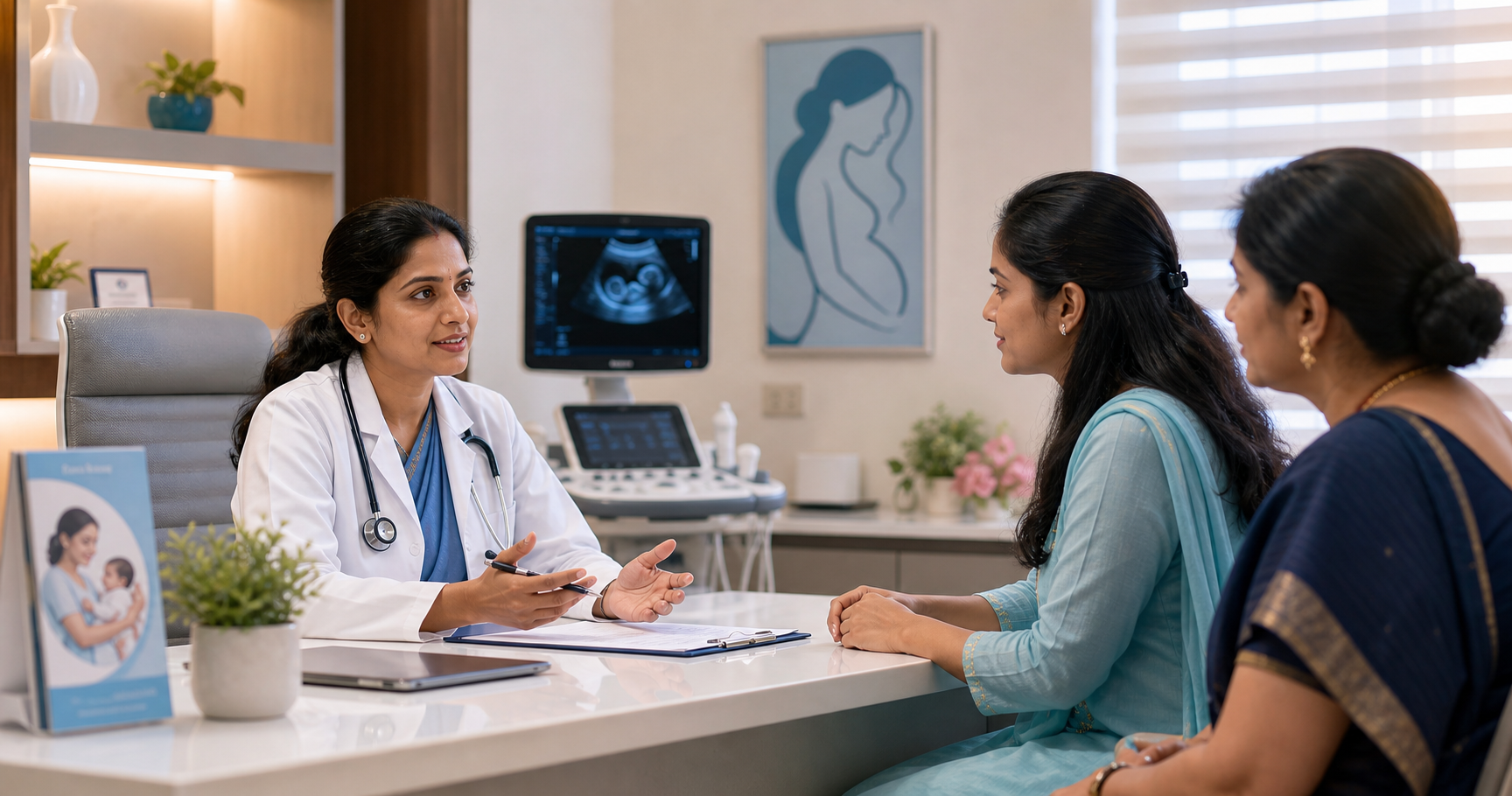 Women's health consultation with female doctor and family member